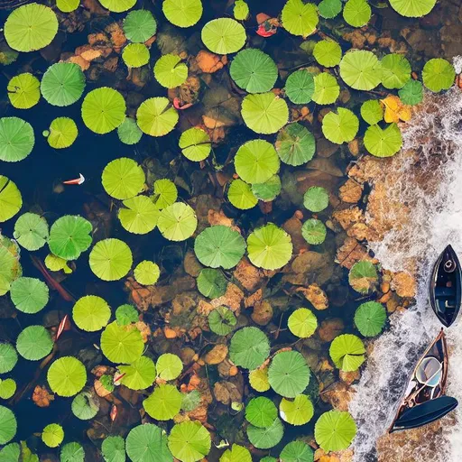 Prompt: an overhead close shot of a boat in the middle of a clear water river stream, shady, ripples, reflections, trees, stream shore. in the water, some lotus along with their leaves of lotus and some fish are there and being seen properly.