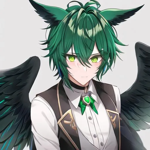 Prompt: Male. masculine build. human animatronic hybrid, with focused emerald eyes. They identify as a Male. Emerald colored feathery pegasus wings and tail. Short dark Green ombre hair. horse ears. adult