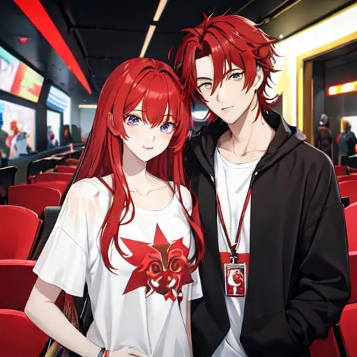 Prompt: Zerif 1male (Red side-swept hair covering his right eye) and Haley at the movies, casual wear