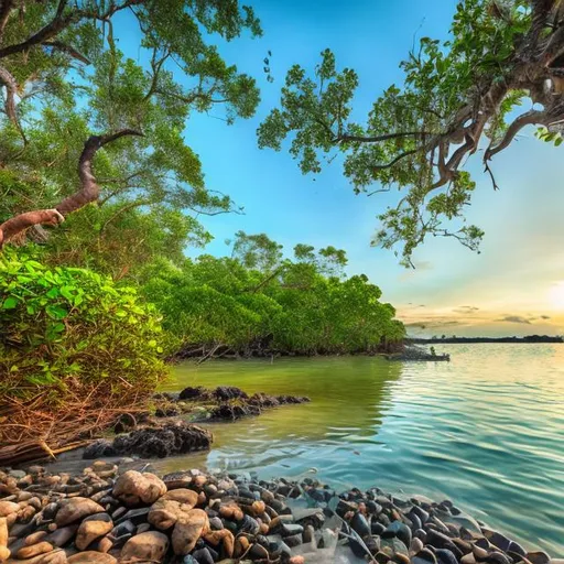Prompt: Dawn over a lush mangrove shoreline with rocks, sand, corals, birds, fishes, crabs, and wildlife in pastel