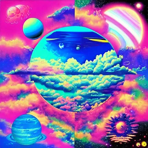 Prompt: Vaporwave, flowers, , planets, collage, Psychedelic Art, 80's colors, tecnology and clouds,

