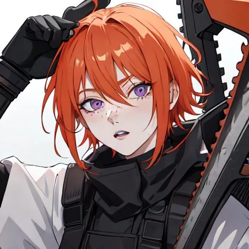 Prompt: Erikku male adult (short ginger hair, freckles, right eye blue left eye purple) UHD, 8K, Highly detailed, insane detail, best quality, high quality, holding a chainsaw, anime style