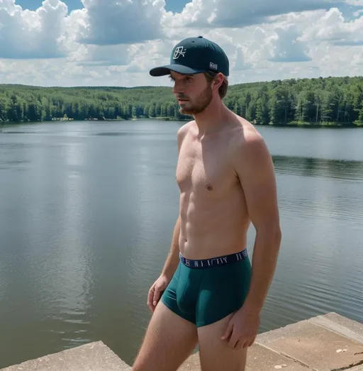 Prompt: long shot scenic professional photograph of country guy with baseball cap in his tight boxer briefs.  It's a beautiful summer day at his lake house in the  northeastern United States.  Perfect viewpoint, highly detailed, wide-angle lens, hyper realistic, with dramatic sky, polarizing filter, natural lighting, vivid colors, everything in sharp focus, HDR, UHD, 64K.