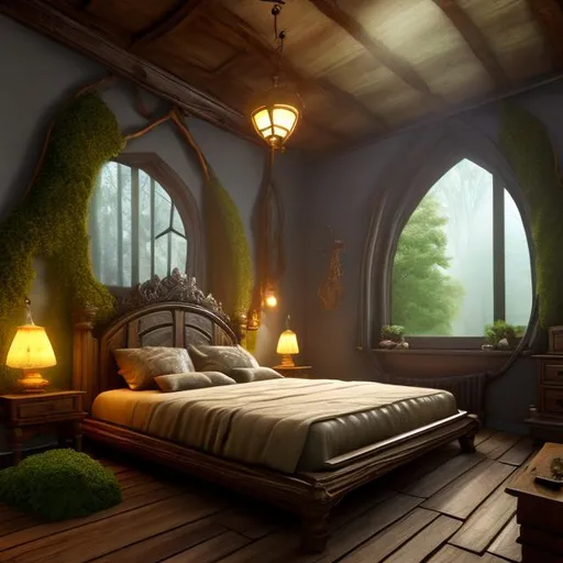 Prompt: fantasy, bedroom interior, UHD, HD, 8K, forest themed bedroom