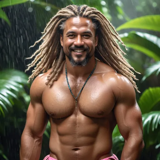 Prompt: long shot with a very handsome, middle-aged Afro-Latino hunky hairy chubby man with longer sandy brown curled dreadlocks, light eyes, thick pink lips, "hyperreal detailed face", calm smile, attractive pink lips, whole body in shot, rain forest, travel shot, soaked, detailed facial features, detailed locs, hyperreal, perfect composition, hyperrealistic, super detailed, 8k, high quality, sharp focus, studio photo, photography, natural light, intricate details, highly detailed, hyperrealistic, very long hair locs, soaked, real texture, full body portrait of "insolent" hypermasculine man ,with thick "hairy muscular thighs", wearing "tight shirt", manspreading, huge mooseknuckle, arena, perfect composition, hyperrealistic, super detailed, 8k, high quality, social media travel post, sharp focus, studio photo, intricate details, highly detailed,