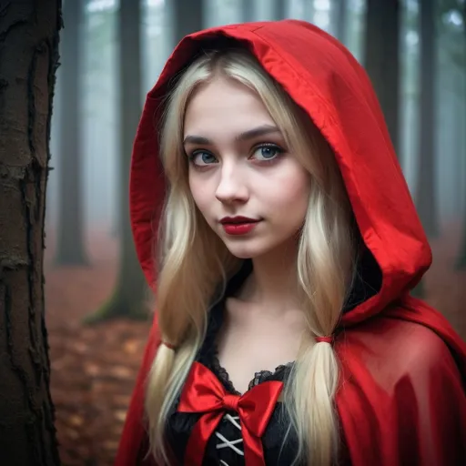 Prompt: Dark gothic forest, fog and dread atmosphere, dark fairy tale horror, contrasting bright slim cute 18-year-old young woman in colorful little red riding hood outfit, blonde hair, innocent smile and expression