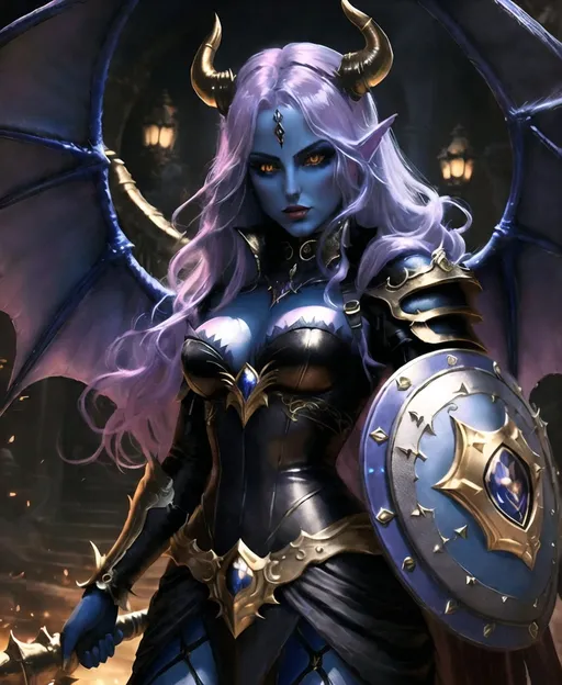 Prompt: Beautiful succubus with avatar-blue skin colour in fantasy art style. She has golden yellow eyes, light pink hair, long hair, red full lips, smirking, golden fantasy armor, detailed face, holding a whip and a shield, red hell background, small ears, detailed demonic wings, small black horn, face forward, detailed eyes, detailed features, high fantasy style, intense lighting, rich color tones, professional, highres, ultradetailed, detailed eyes, powerful stance, atmospheric lighting,
