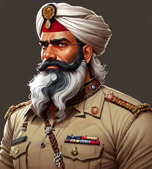 Prompt:  A full portrait of  40 year old indian soldier ,curly beard, stoic ,rugged, muscular
 medivial  castle , intricate, highly detailed, digital painting, artstation, concept art, smooth, sharp focus, illustration, art by krenz cushart and artgerm demura and raja ravi verma