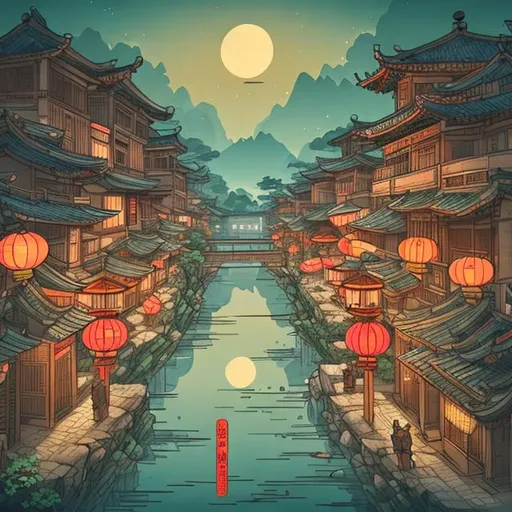 Prompt: ancient asian town in the style of studio ghibli, night, traditional red china lamps, neon lightboxes, high contrast, ghibli