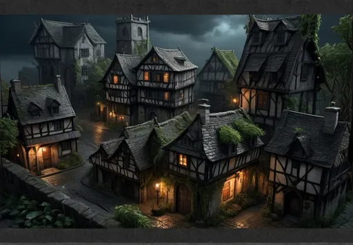 Prompt: Weathered Warhammer fantasy RPG style village, in night, after rain,detailed buildings, gloomy mood, eerie atmosphere, overgrown with ivy, ominous atmosphere, high quality, dark fantasy, weathered textures, gothic architecture, moody lighting, detailed cobblestone streets, high res, realistic, cloudy sky, atmospheric lighting