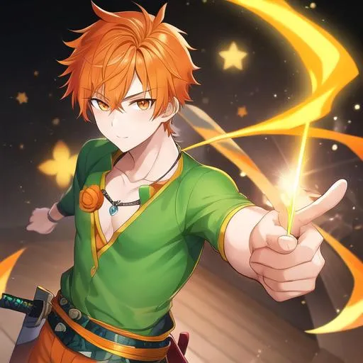 Prompt:  1boy, a man with orange hair and orange eyes holding a sword and a green shirt on his chest. Adam Manyoki, sots art, official art, a character portrait