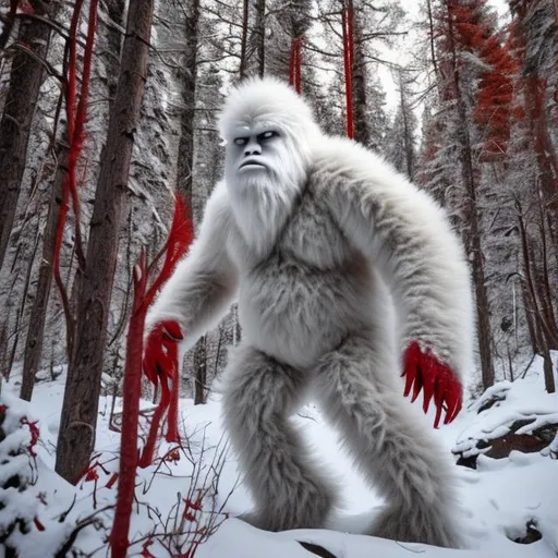 Prompt: white sasquatch in a red forest
