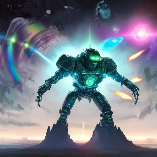 Prompt: a realistic giant cyber robot with a giant rainbow sword fighting a rainbow dragon in outer space in a ring of asteroids with a small alien  in a n UFO blasting muisic