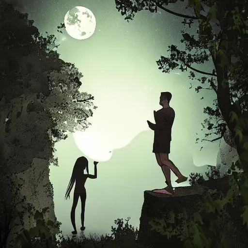 Prompt: a man standing at the edge of the cliff with one leg off the cliff carrying piece of paper in one hand , while a girl is looking at this man through the forest which is below the cliff with moon as background