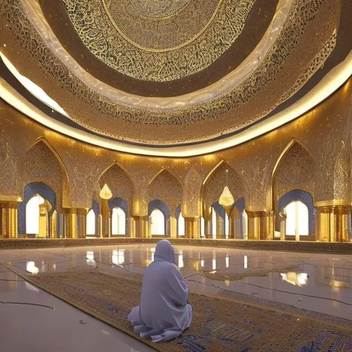 Prompt: futuristic masjid, a stranger witnessing spiritual beauty, gold themed, no faces, just show the backs of a people in congregation for prayer and the mosque is supposed to be huge and the lights futuristic