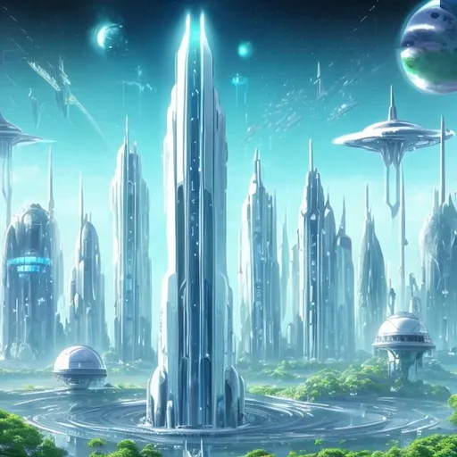 Prompt: Futuristic City White Tall Towers Lush Green Overgrown Plants Light Blue Sky High with many big white spaceships