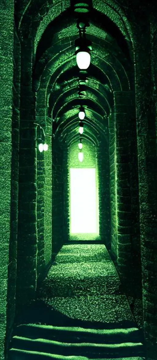 Prompt: A darkened hallway in a stone labyrinth, 4K, wooden torches on the walls,