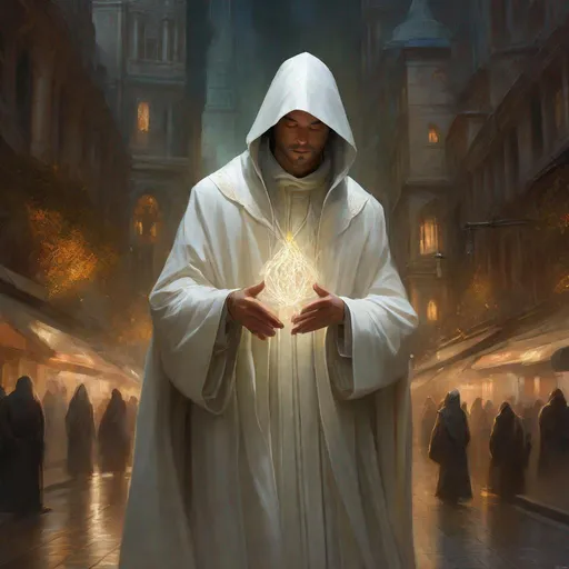 Prompt: Three-quarters portrait, evil lowly faceless priest dressed in white robes, deep hood, dark energy under hood, face-less, dark spot for face, dark energy under cloak, swirling black magic, fantasy, highly detailed, digital painting, steampunk city, in the streets, big crowd, art by Stanley Lau and Artgerm and magali villeneuve and Alphonse Mucha, artstation, octane render, cgsociety, HDR, UHD, 64k, best quality, best quality, masterpiece:1.5)

