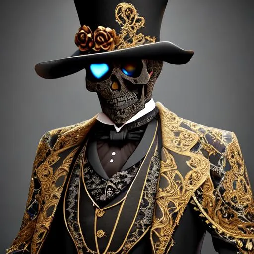 Prompt: Model Gentleman, SKULL face, wearing ornate Victorian clothes, lace and satin, gilded, intricate, flowing, hyper-detailed, 64K, UHD, HDR, unreal engine, vivid colors