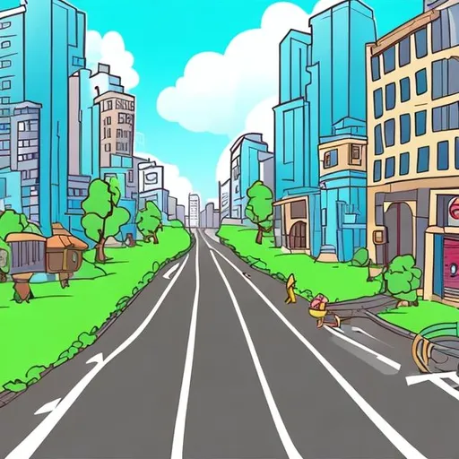 Prompt: 3 lane road in the city, cartoon look