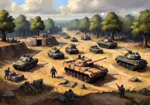 Prompt: "Foxhole" The game features a top-down, persistent world where players engage in large-scale military campaigns. It has a distinctive art style with detailed, realistic terrain and a variety of military vehicles, weapons, and structures. The visual design is quite gritty and utilitarian, reflecting its focus on strategic gameplay and teamwork.