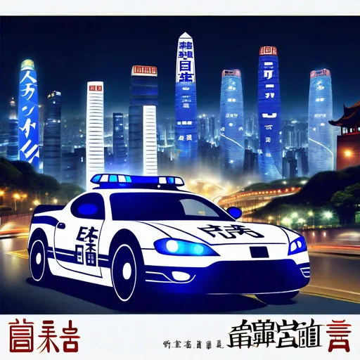 Prompt: Subject: "Police cars"

Creative descriptions: Sleek, blue and white sports cars adorned with Chinese characters and the powerful Chinese characters "坡力士". The police e-card are covered only with Chinese characters. Flashing lights illuminate the darkness, casting an eerie glow.

Environment: A bustling city at night, with towering skyscrapers and neon signs reflecting off wet pavements. The streets are alive with a mix of excitement and tension.

Mood/Feelings: A sense of authority and vigilance permeates the air. There's an undercurrent of urgency and anticipation, as if something significant is about to unfold.

Artistic medium/Techniques: The scene captures the interplay of light and shadow, highlighting the contrast between the glowing police cars and the dark cityscape. Long exposure techniques enhance the dynamic movement of the flashing lights.

Artists/Illustrators/Art Movements: Inspired by the works of Edward Hopper, with his mastery of capturing urban solitude, and influenced by the noir aesthetic of film noir and graphic novel illustrations.