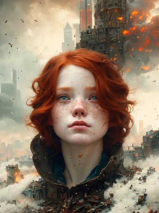 Prompt: Portrait  with red hair and with cute face, devasted city, perfect composition, hyperrealistic, super detailed, 8k, high quality, trending art, trending on artstation, sharp focus, studio photo, intricate details, highly detailed, by greg rutkowski