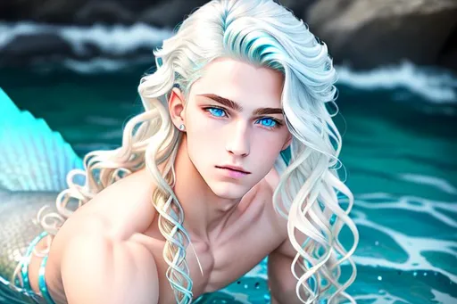 Prompt: Mermaid teenage boy, Piercing, Ice-blue eyes, a sharp jawline. His hair was blond, long and wavy in the back with shorter, more uniformed curls in the front. He had a youthful face with slightly feminine features. He looked a lot like something from a storybook, like or a renaissance painting. Little, sharp, white fangs poked out between his shiny lips as he smiled.