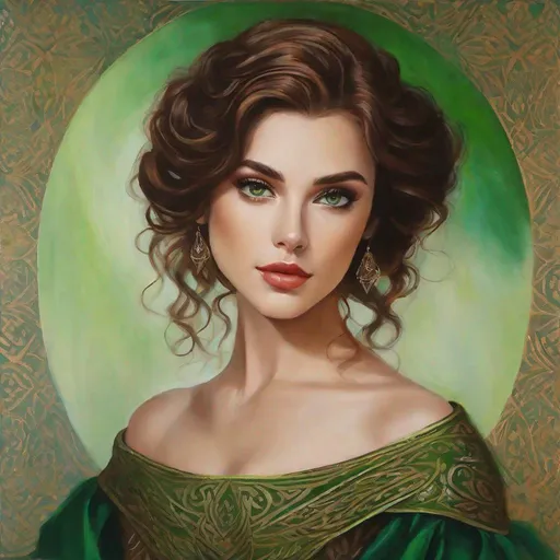 Prompt: scarlett dragna from the caraval series, portrait, painting, green eyes, brown hair