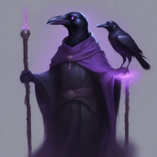 Prompt: anthropomorphic, raven, realistic, human proportions, glowing purple eyes, dark room, cool colors, dark magic, long robe, magic staff, medieval, high definition, professional