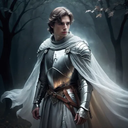 Prompt: Fantasy illustration of a beautiful, young, sad male knight ghost, ethereal and transparent, flowing cape and armor, haunting expression, misty and dreamlike atmosphere, high quality, fantasy, ethereal, ghostly, flowing cape, haunting expression, misty atmosphere, dreamlike, detailed armor, male, beautiful, sad, atmospheric lighting