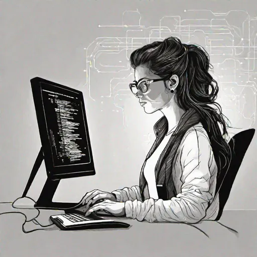 Prompt: una mujer de 25 años con el pelo castaño por los hombros frente a la computadora programando coding con luces tenues y un gato blanco y negro estilo vaca está acostado frente a su teclado debajo de la pantalla