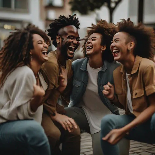 Prompt: A candid shot of a group of friends laughing and enjoying each other's company, taken with a Canon EOS RP and a 24-105mm f/4L IS USM lens. The mood of the image is joyful and carefree.