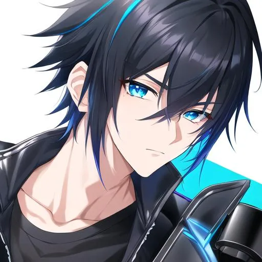 Prompt: Tetsu 1male. Short black hair with vibrant streaks of electric blue, that gives off an eye-catching look. Soft and mesmerizing blue eyes. Wearing a black leather jacket with a dark gray t-shirt underneath that adds a subtle contrast to the outfit. Cool and edgy, black skinny jeans. Holding a camera. UHD, 8K