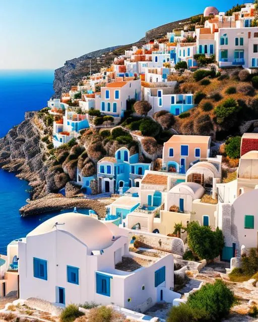 Prompt: The azure waters of the Aegean Sea lap gently against the rocky cliffs and white sand beaches of a Greek island. A classic whitewashed village clings to the hills above.