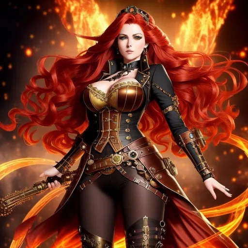 Prompt: (((full body in view))), create an epic hyper-realistic digital picture of a breathtaking steampunk goddess, with striking and fiery red locks of hair. She should be dressed in a stunning Victorian-era outfit with a touch of edgy steampunk flair. The woman should be in a dynamic and powerful pose, surrounded by a variety of intricate and mesmerizing steampunk gadgets and machines. The overall tone of the piece should be dark, moody, and full of rich detail, with plenty of contrast and stunning visual effects that bring the steampunk world to life in vivid detail.