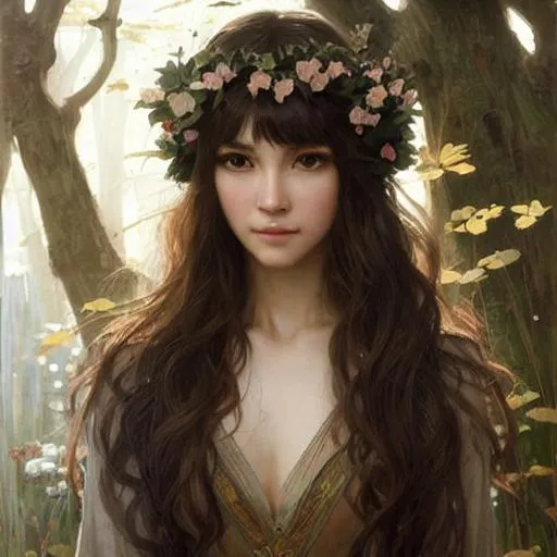 Prompt: a front-on full face detailed oil portrait, of a fair female forest druid with a long blonde curly hair in, high fantasy art, masterpiece portrait, by ruan jia, john william waterhouse
