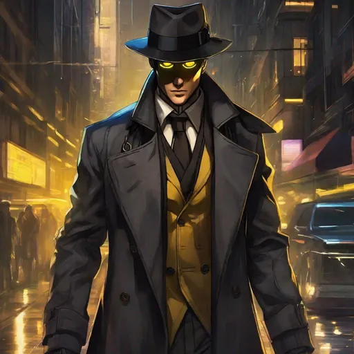 Prompt: there is a man in a fedora and trench coat with a brown tie, dark cyberpunk illustration, creepypasta, glowing yellow eyes, cyborg, withered, mottling coloring, humanisation, unmasked, test subject, evening starlight, trustworthy, necro, half android, painted face, the shrike, leering