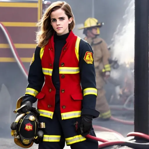 Prompt:  Full body emma watson as super hot firefighter open unbuttoned