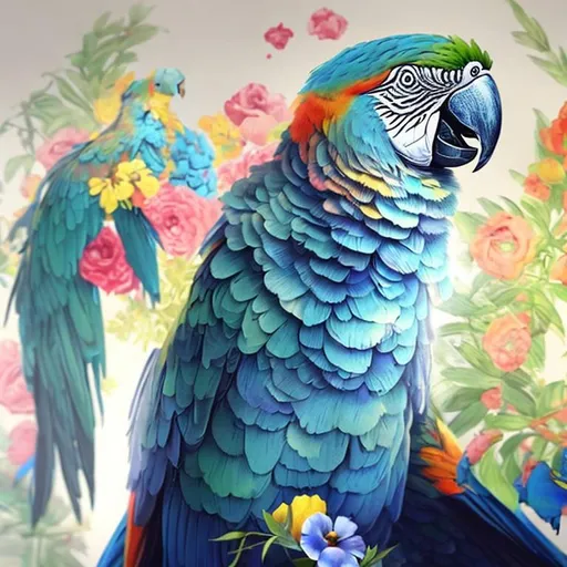Prompt: Paint, a Blue Parrot surrounded with flowers, concept art
