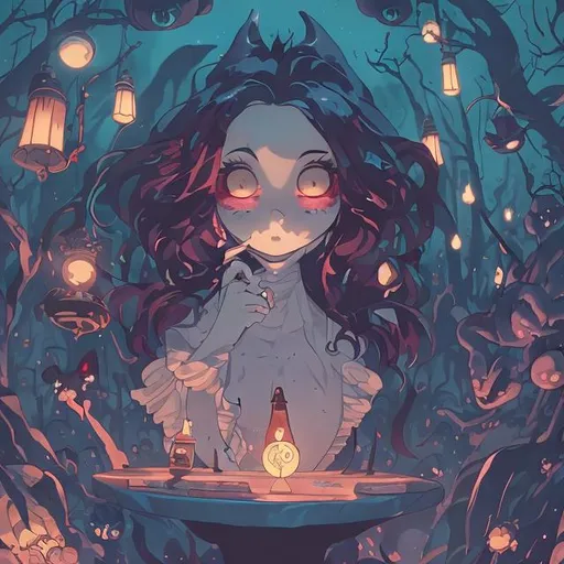Prompt: (masterpiece), (anime style), ultra-wide shot, award winning, centered, Instagram able, (lovers) (witch woman with human man), midnight, moonligh, tim burton inspired, ghibli studio theme, vibrant color, dynamic lighting, photography, depth of field, ultra detailed, character design, (epic composition, epic proportion), 2D illustration, professional work)