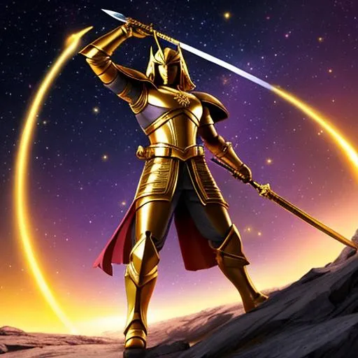 Prompt: The legendary warior from the other planet  {{holding sword }} in the [[realism]] full body gold and Purple colors
