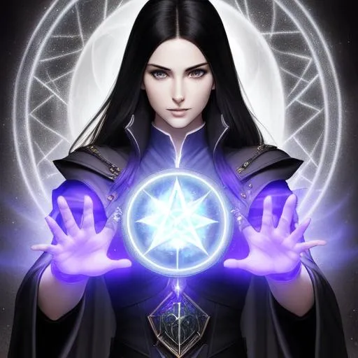 Prompt: Sorceress warlock casting spell. summoning spell. hands glowing with magic. Wearing black cloak, boots, and gray pants.  European sorceress with dark hair. pointed ears. young woman with determined facial expression. photorealistic character art. modest clothing. dungeons & dragons art. 