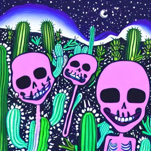 Prompt: Emma Atterbury psychedelic groovy style illustration. Three happy smiling skeletons dancing in the desert next to cactus plants. In the background there are canyons and stars in the sky. Only very light pastel colors. 