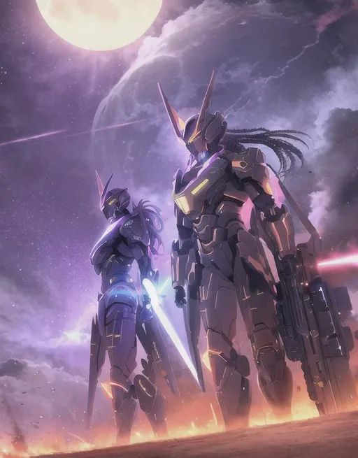 Prompt: Apocalypse War, Ultra tecnology, Dark future, golden robots , purple moonlight background