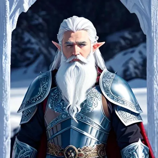 Prompt: An old Elven king wearing Viking style plate ice armor. pale frozen skin, blue eyes, white hair, long white beard. in the frozen mountains.