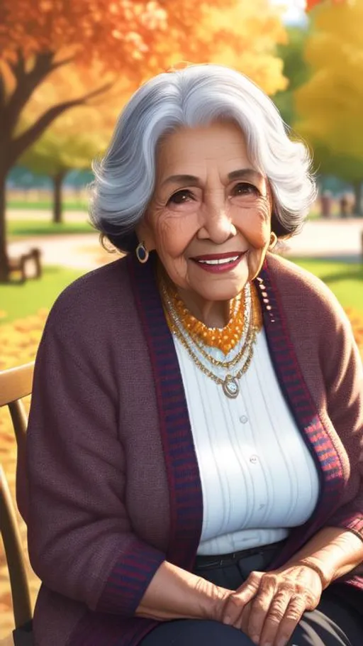Prompt: portrait of elderly hispanic female, dressed cozy, warm smile, sitting outside in the park on a sunny day, afternoon, autumn, cinematic lighting, detailed digital illustration, procreate, hyperrealistic, highly detailed, 8k