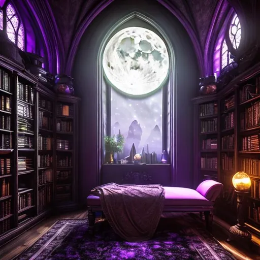Prompt: HD, 4K, 3D, Stunning, magic, cinematic camera, two-point perspective, interior design,witch studio room, ethereal,chaise longue, full moon outside, gorgeous gothic windows,bookshelf, light contrast, witchy ambient, purple and green sunstrails, moon glow, cauldron, magic books, 
