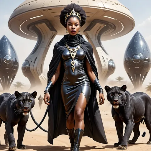 Prompt: a African Queen walking her futuristic kingdom, with two black panthers