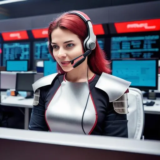 Prompt: advertising, a female telemarketer, wearing modern red armor, using futuristic headset at call center